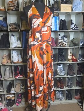 Simplee Apparel Orange, Brown & Cream Halter Maxi Dress